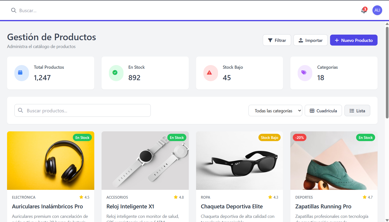 Gestión de productos con filtros