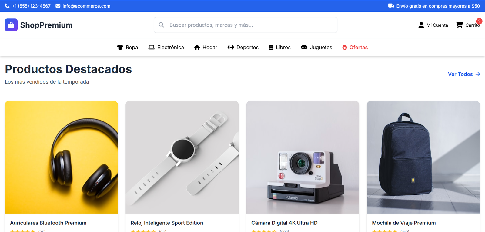 Homepage con productos destacados